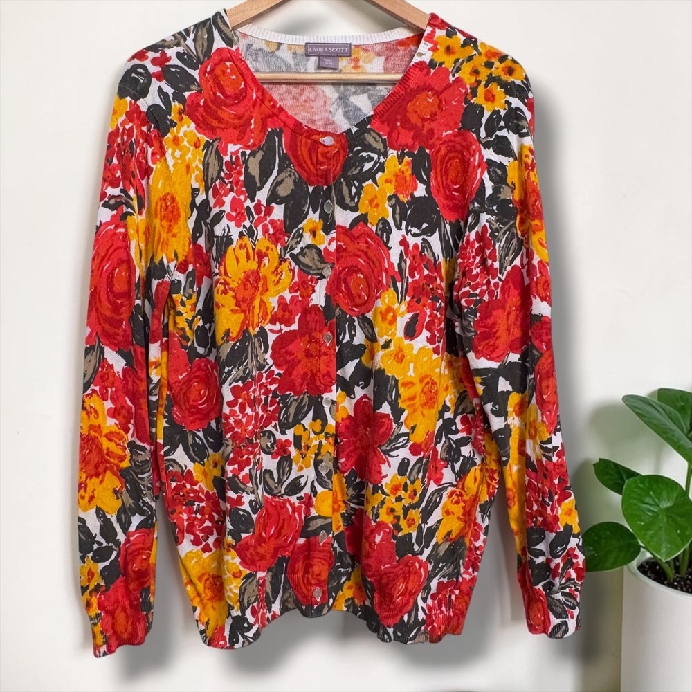 Laura Scott‎ Womens XL Floral Cardigan Sweater Red Orange Yellow Button Front